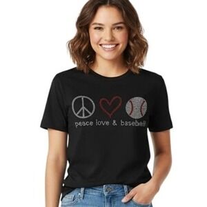 Next Level Apparel T-Shirt M Black Peace Love Baseball Rhinestone Bling Pullover